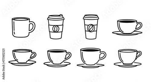 Collection of hand drawn coffee cups and mugs in various styles