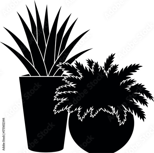Two silhouette houseplants in pots minimalist design for modern home decor and graphics vector