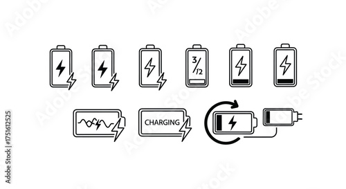 Set of battery icons representing power and charging status