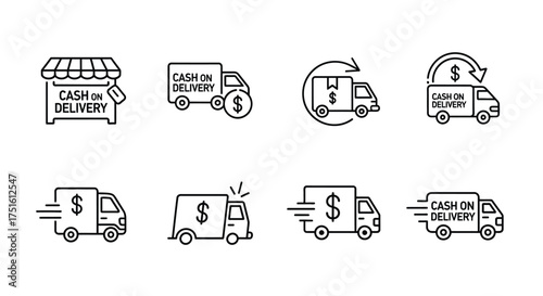 Set of hand drawn delivery truck and store icons for shipping and logistics