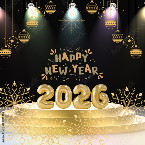 Luxury Happy New Year 2026 Golden Foil Balloons on Podium with Winter Snowflakes and Stage Lights (Vector)