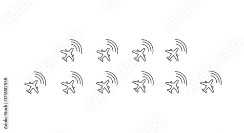 Multiple stylized airplanes in a repeating pattern with sound waves