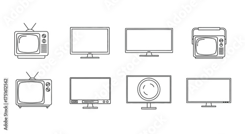 Collection of hand drawn vintage and modern televisions in sketch style