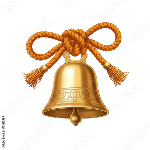 Cow Bell & Rope Ornament — small golden bell tied with saffron cloth, delicate shadow, fine metallic reflections