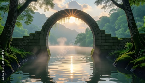 Misty Lake Serenity with Sunlit Stone Arch Bridge
