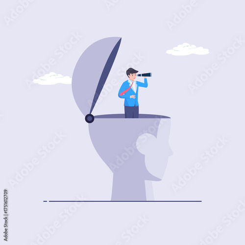Business Leader Vision, Curiosity. Man using binoculars. Looking for new opportunities add knowledge or the strategy or organization. Head and a man with binoculars goal search. Flat illustration