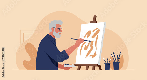 Senior Artist Painting Abstract Art on Canvas with Brush