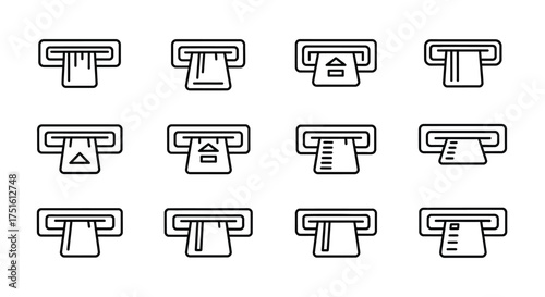 Set of twelve line art icons representing atm card insertion slots