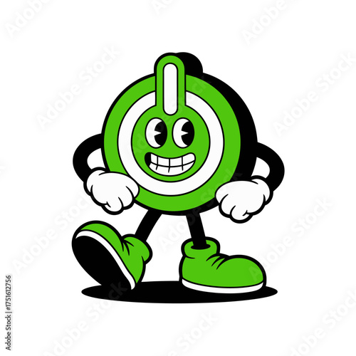 green power button character, smiling mascot with shoes, technology energy symbol, startup theme, friendly electronics icon, vector illustration