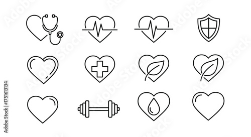 Collection of stylized heart icons representing health and wellness concepts