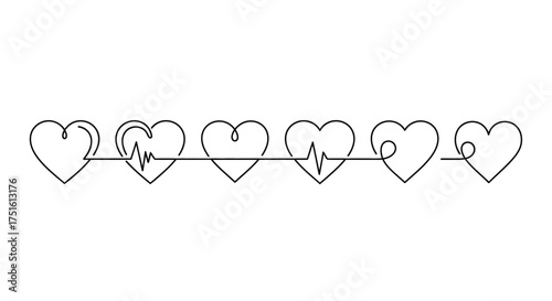 Continuous line drawing of interconnected hearts with a heartbeat rhythm