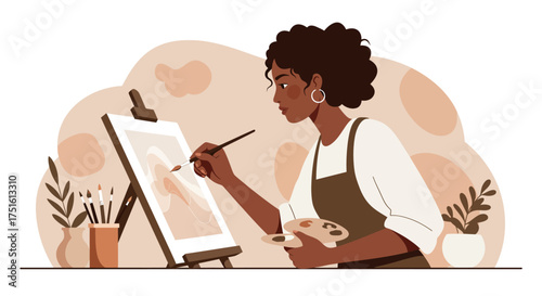 African American Woman Painting on Canvas with Easel and Palette