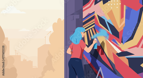 Woman with Blue Hair Spray Painting Colorful Graffiti Art