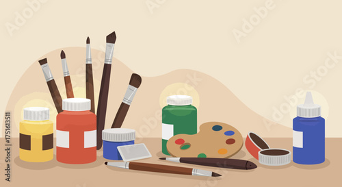 Colorful Art Supplies: Paints, Brushes, and Palette Illustration