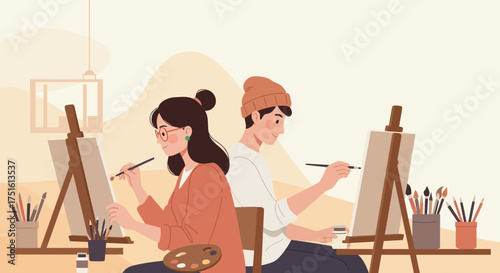 Two Artists Painting on Canvases in a Studio Setting