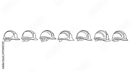 Collection of vintage firefighter helmets drawn in a simple line art style