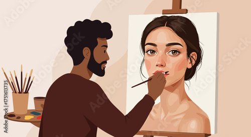 Artist Painting a Portrait of a Woman on Canvas with Brush