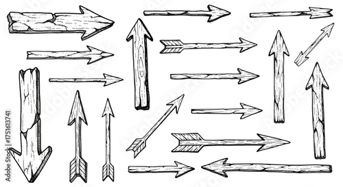 Collection of rustic wooden arrow vector illustrations for design, creative projects needs