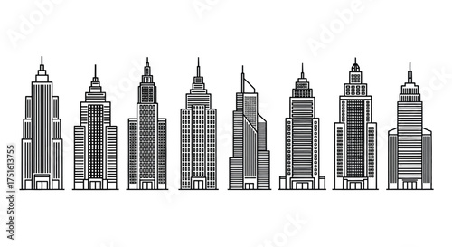 Collection of diverse skyscraper silhouettes in black and white