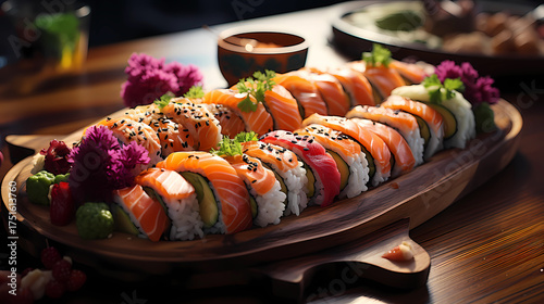 colorful sushi rolls on a traditional