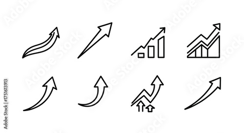 Collection of hand drawn upward trending arrows and bar charts symbolizing growth