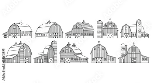 Collection of hand drawn barns and silos in a row