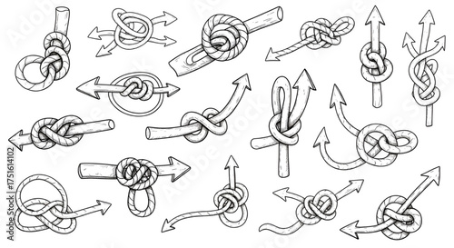Knot tying guide illustration of nautical rope knots tutorial with arrows and knotwork diagrams vector