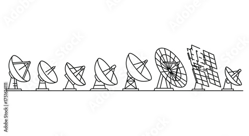 Collection of various satellite dishes and solar panels in a line