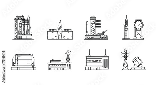 Collection of stylized line art buildings and structures