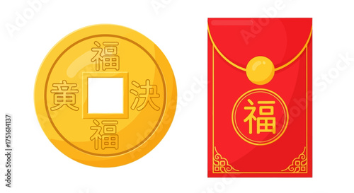 A traditional Chinese gold fortune coin and a red envelope (hongbao) for good luck and prosperity.