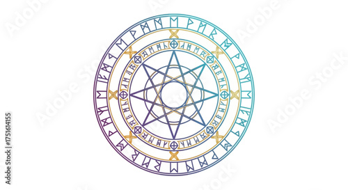 A mystical magic circle with a seven-pointed star and ancient runic inscriptions.