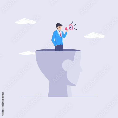 A businessman in a human head shouts into a megaphone. Loudspeaker. Hand with megaphone from a human head. Marketing. Concept business. Vector illustration