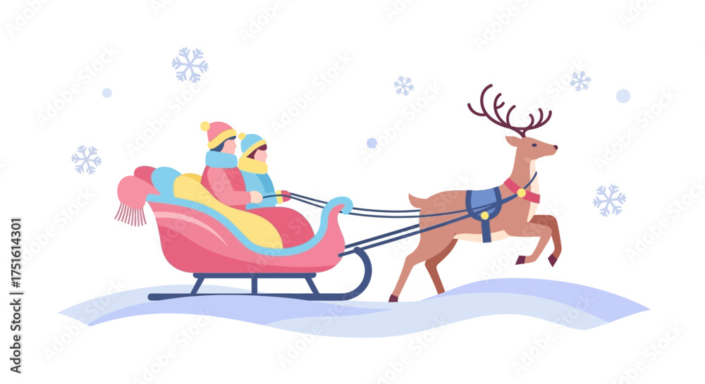 Fototapeta premium A cheerful illustration of a reindeer pulling a sleigh with two bundled-up people through a snowy winter landscape with falling snowflakes.