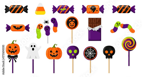 A vibrant collection of Halloween-themed candies and treats, including lollipops, chocolate bars, and wrapped sweets, all set against a clean white background.