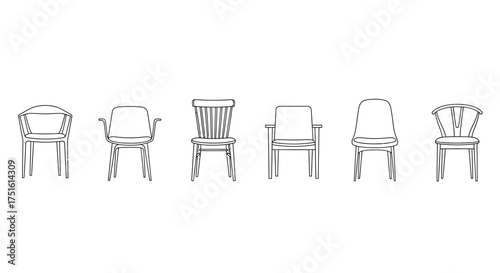 Collection of six hand drawn antique chairs in a row