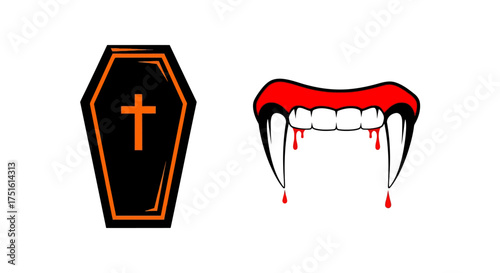 Spooky Halloween illustration featuring a black coffin with an orange cross and vampire fangs dripping blood.