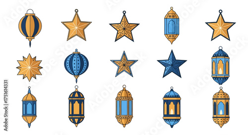 A collection of decorative Islamic lanterns and stars, symbols of Ramadan, in blue and gold colors on a white background.