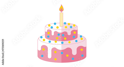 A two-tiered pink birthday cake adorned with colorful sprinkles and a single lit candle on top.