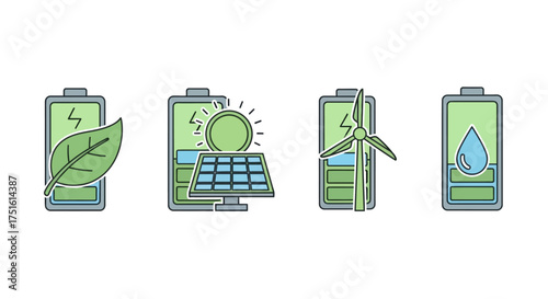 Four icons depicting batteries charged by different renewable energy sources like solar, wind, bio, and hydro power, illustrating sustainable energy concepts.
