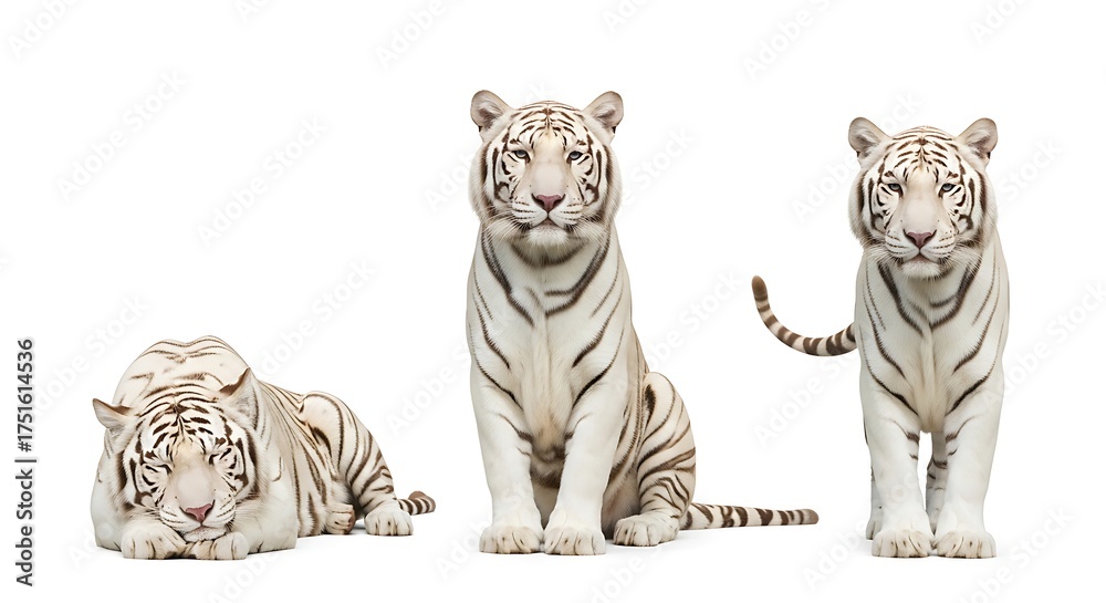 Obraz premium Three White Tigers Posed on a White Background.
