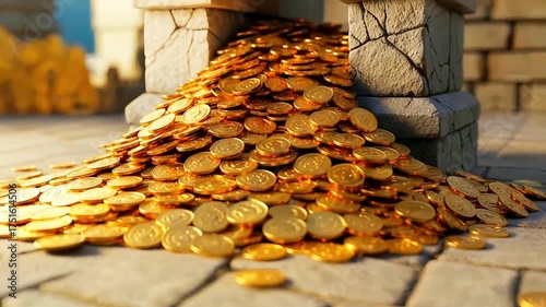 Golden coins pour out from a stone structure onto a stone surface. Rich, shiny, and alluring