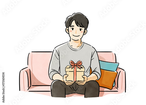 Happy man sitting on sofa with present – Father’s Day concept