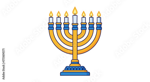 A vibrant illustration of a golden Hanukkah menorah with blue accents, featuring all nine candles brightly lit, set against a clean white background.