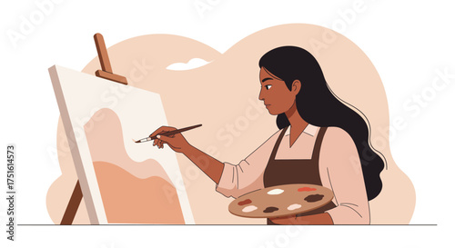 Woman Painting on Canvas with Palette and Brush