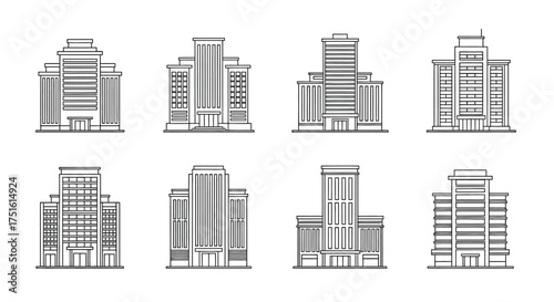 Collection of eight modern office buildings isolated on white background