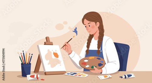 Young Woman Painting on Canvas with Easel and Art Supplies
