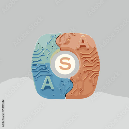 Abstract technology concept with stylized letters S and A circuit board design.