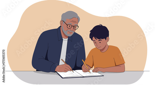 Grandfather and Grandson Drawing Together in a Sketchbook, Creating Art
