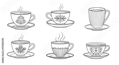 Set of six different teacups with hot drink isolated on white background