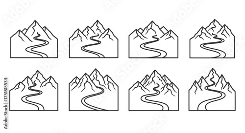 Set of mountain isolated on white background in doodle style